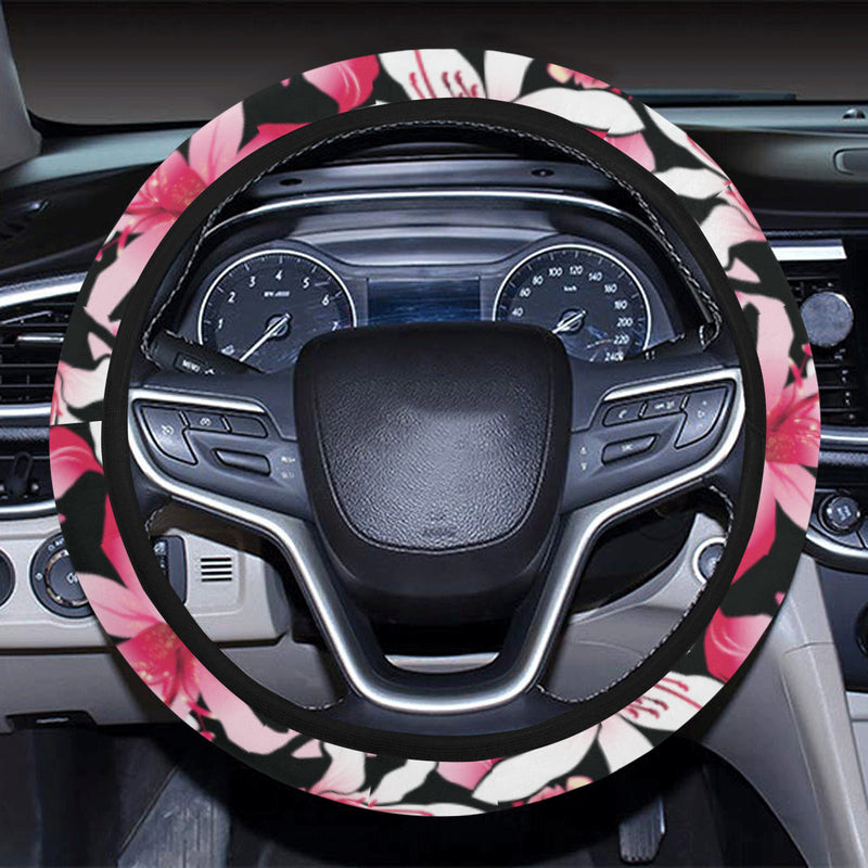 Flower Hawaiian Pink Red  Hibiscus Print Steering Wheel Cover with Elastic Edge