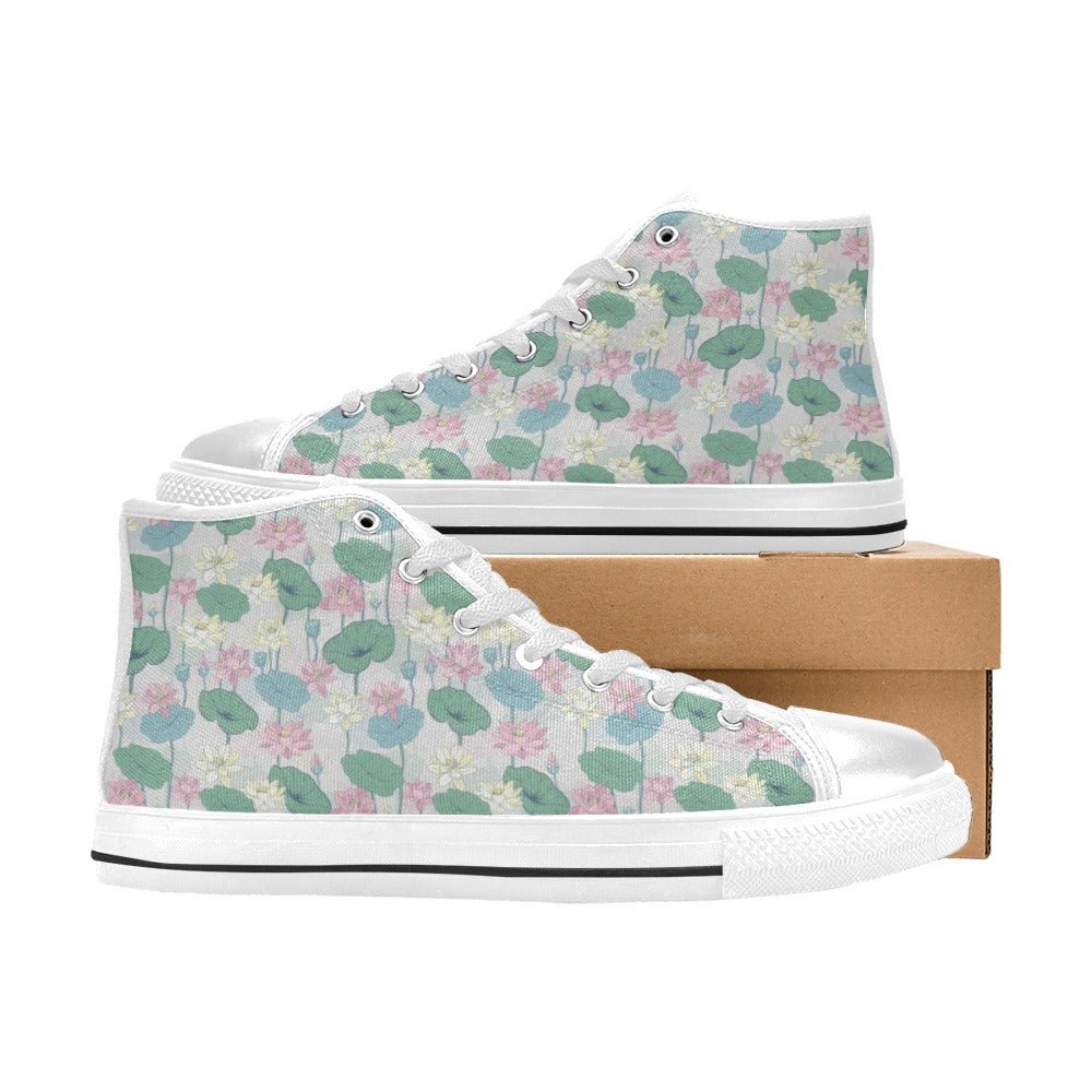 Water Lily Print Design LKS305 High Top Women's White Shoes