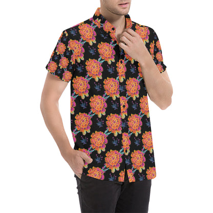 Marigold Pattern Print Design MR04 Men's Short Sleeve Button Up Shirt