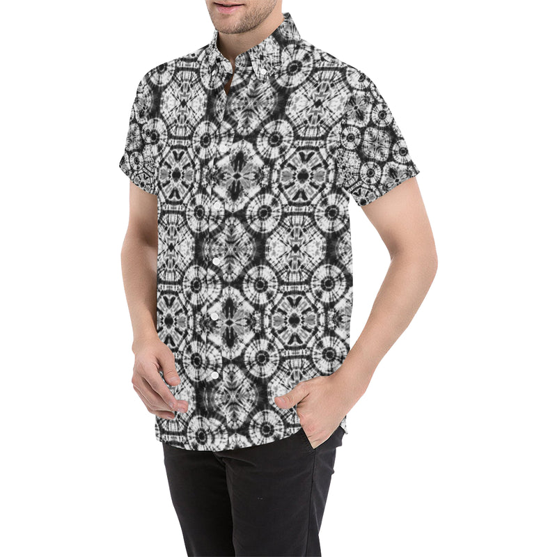 Tie Dye Black White Design Print Men's Short Sleeve Button Up Shirt