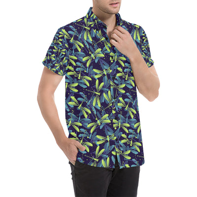 Dragonfly Lime Blue Print Pattern Men's Short Sleeve Button Up Shirt