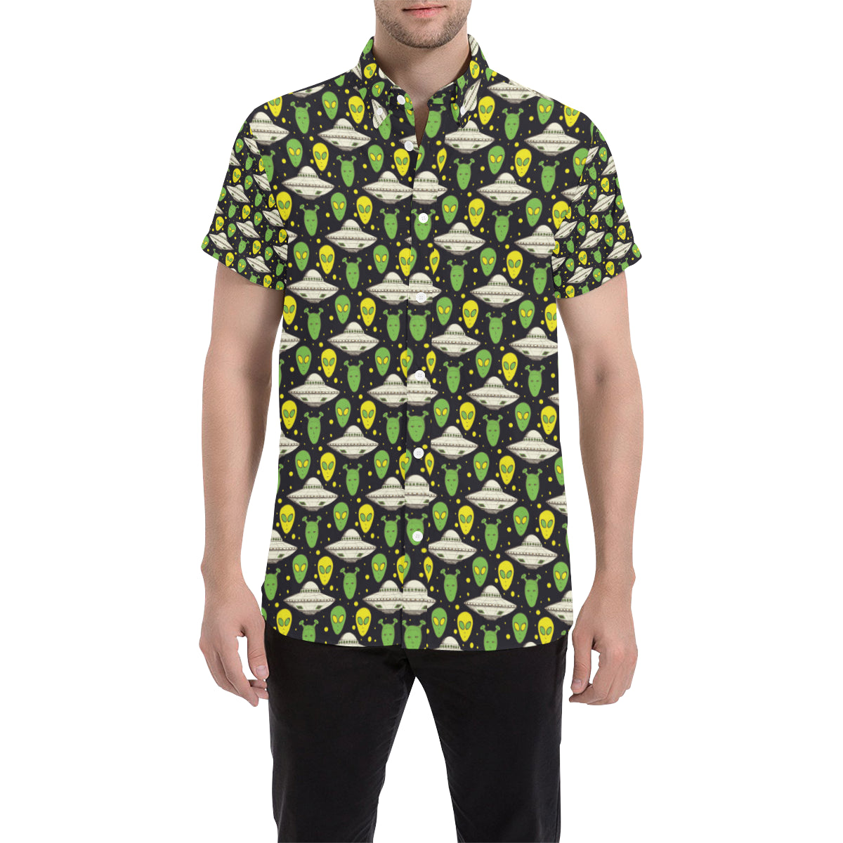 Alien UFO Pattern Men's Short Sleeve Button Up Shirt