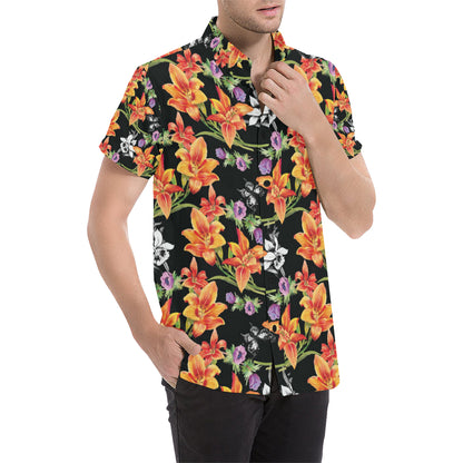 Tropical Flower Pattern Print Design TF02 Men's Short Sleeve Button Up Shirt