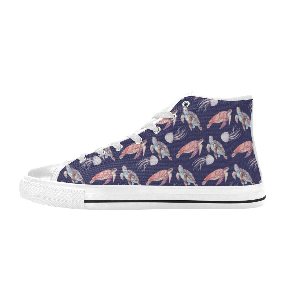 Sea Turtle With Jelly Fish Print Design LKS301 High Top Women's White Shoes