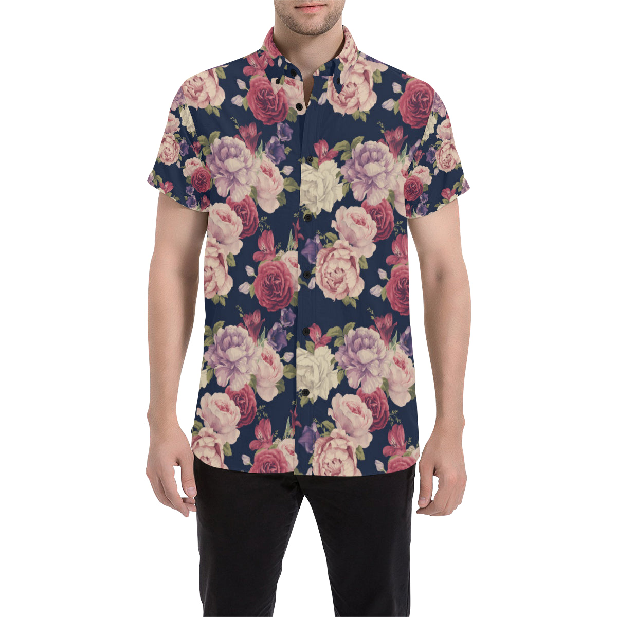 Peony Pattern Print Design PE03 Men's Short Sleeve Button Up Shirt
