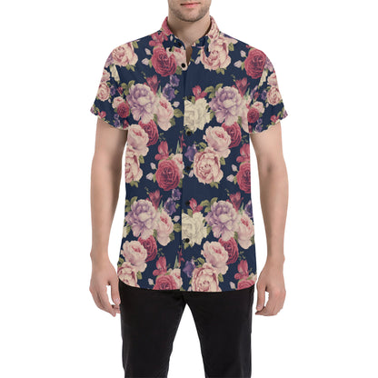 Peony Pattern Print Design PE03 Men's Short Sleeve Button Up Shirt