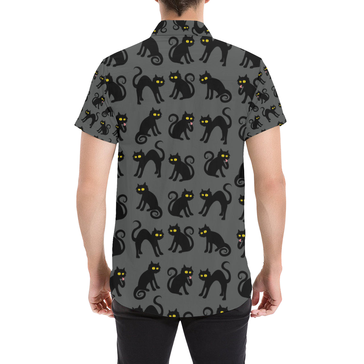 Black Cat Cute Print Pattern Men's Short Sleeve Button Up Shirt
