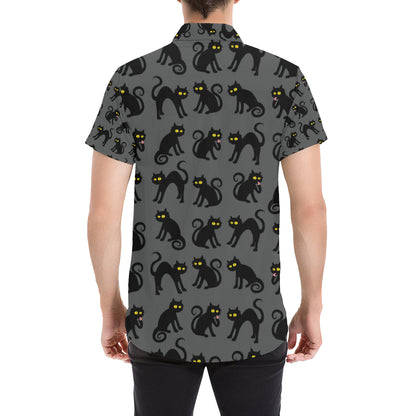 Black Cat Cute Print Pattern Men's Short Sleeve Button Up Shirt