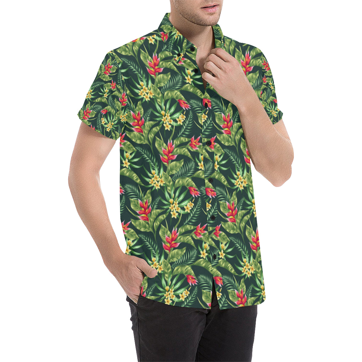 Tropical Folower Red Heliconia Print Men's Short Sleeve Button Up Shirt