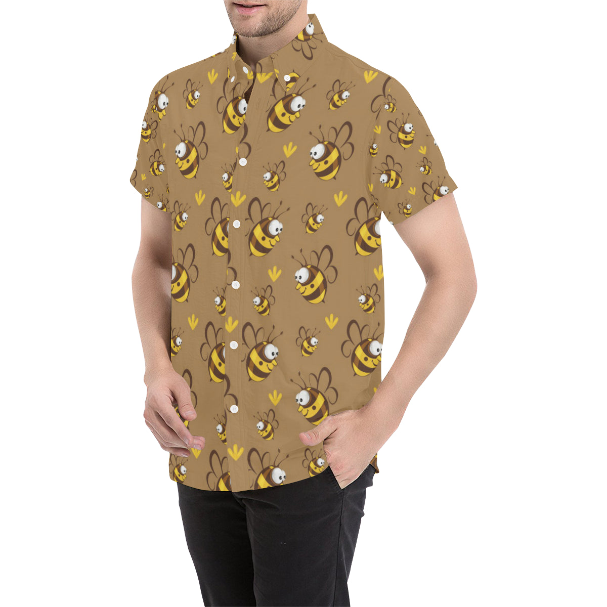 Bee Pattern Print Design BEE09 Men's Short Sleeve Button Up Shirt