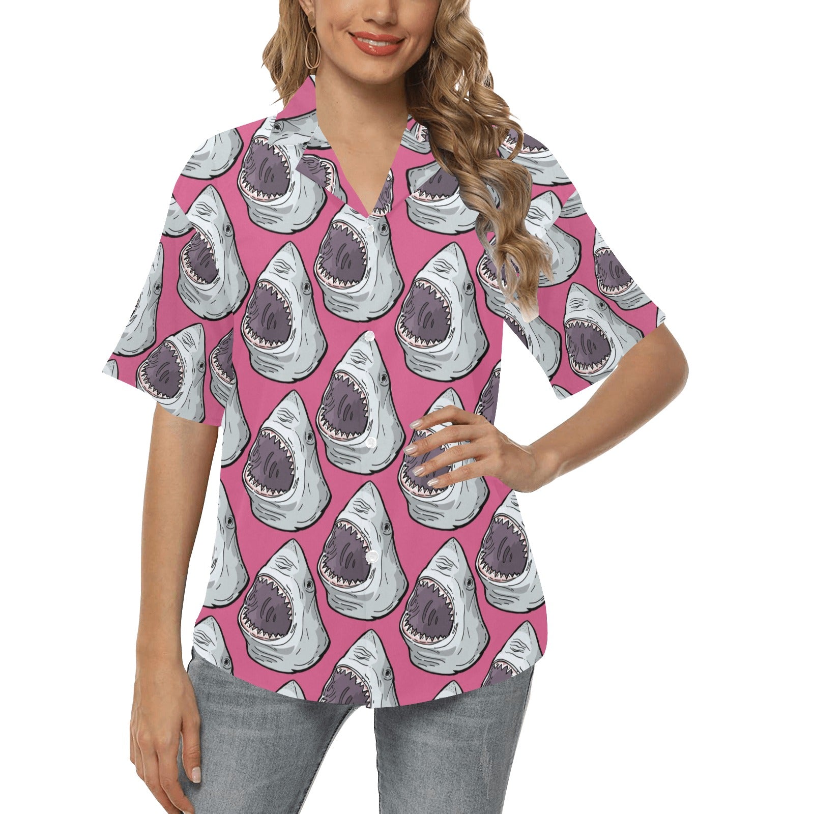 Great White Shark Pattern Print Design 01 Women's Hawaiian Shirt