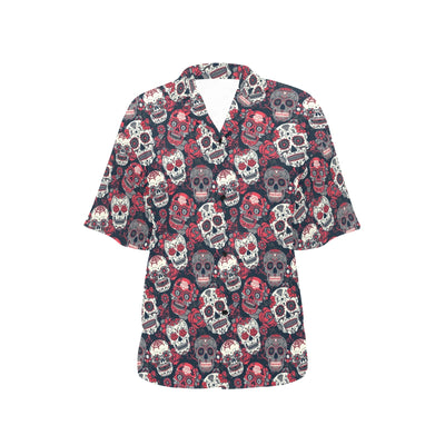 Sugar Skull Print Design LKS303 Women's Hawaiian Shirt