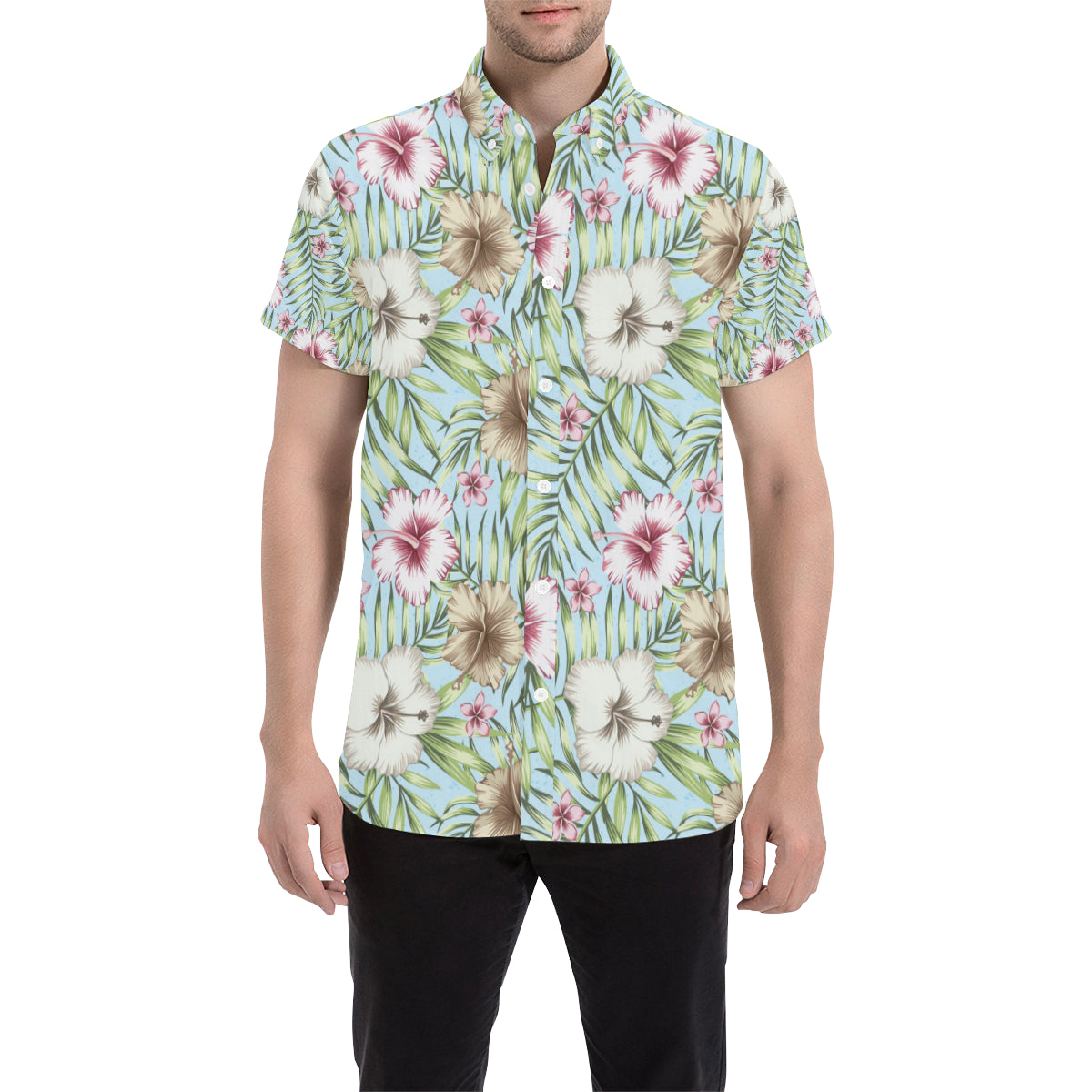 Tropical Flower Pattern Print Design TF05 Men's Short Sleeve Button Up Shirt