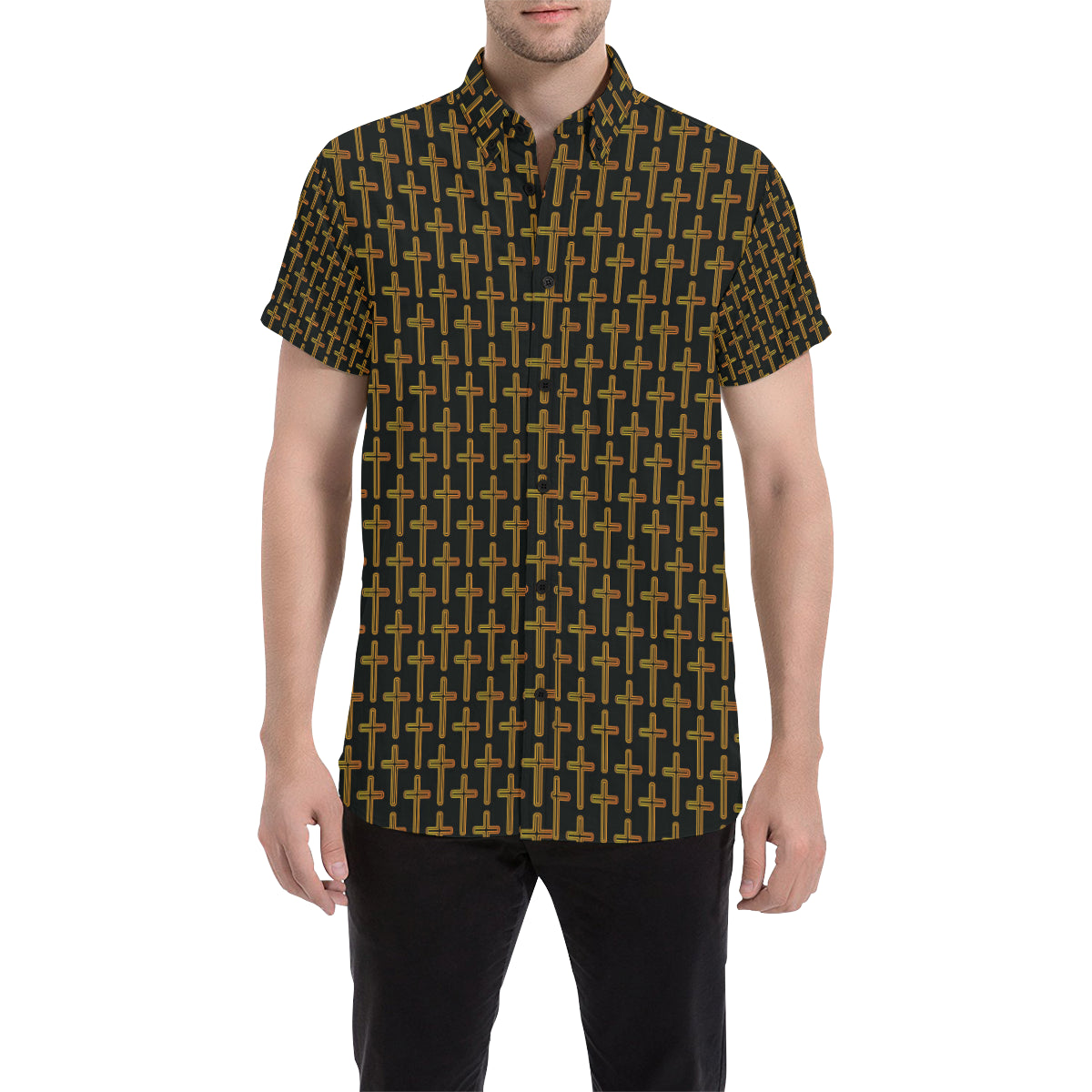 Cross Pattern Print Design 02 Men's Short Sleeve Button Up Shirt