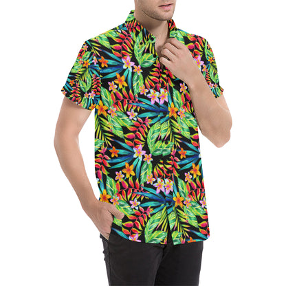 Heliconia Pattern Print Design HL09 Men's Short Sleeve Button Up Shirt