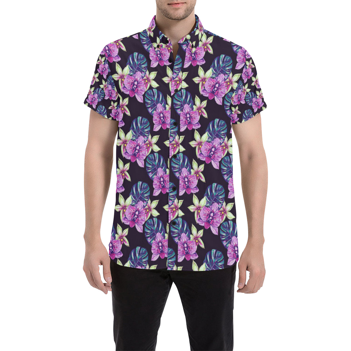 Orchid Pattern Print Design OR010 Men's Short Sleeve Button Up Shirt