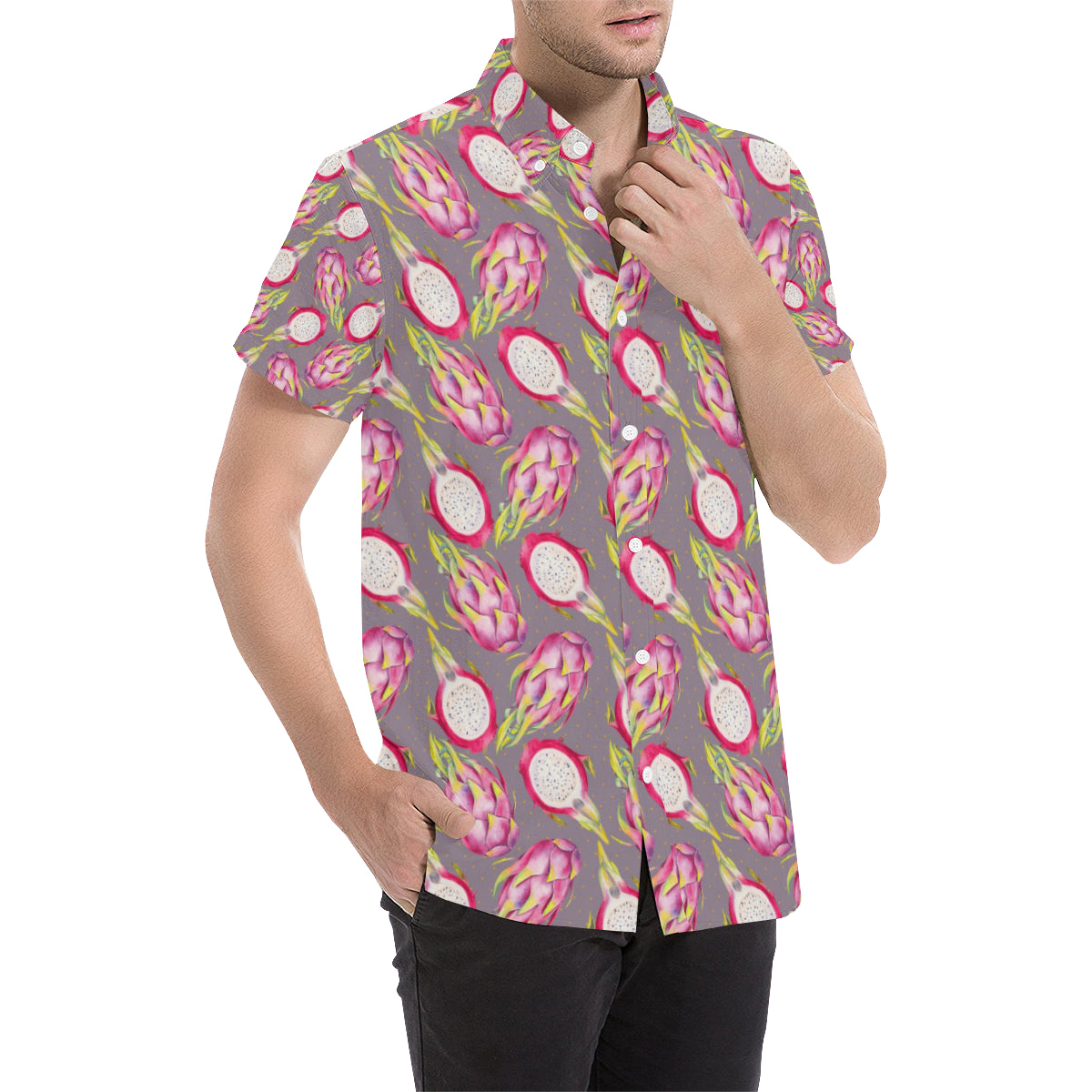 Dragonfruit Pattern Print Design DF03 Men's Short Sleeve Button Up Shirt