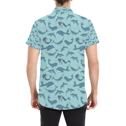 Narwhal Themed Print Men's Short Sleeve Button Up Shirt