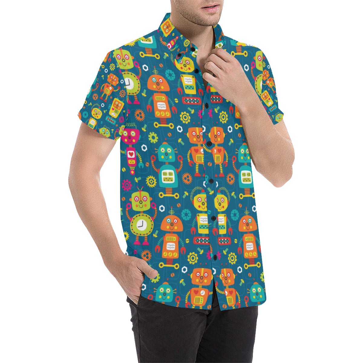 Robot Pattern Print Design A04 Men's Short Sleeve Button Up Shirt
