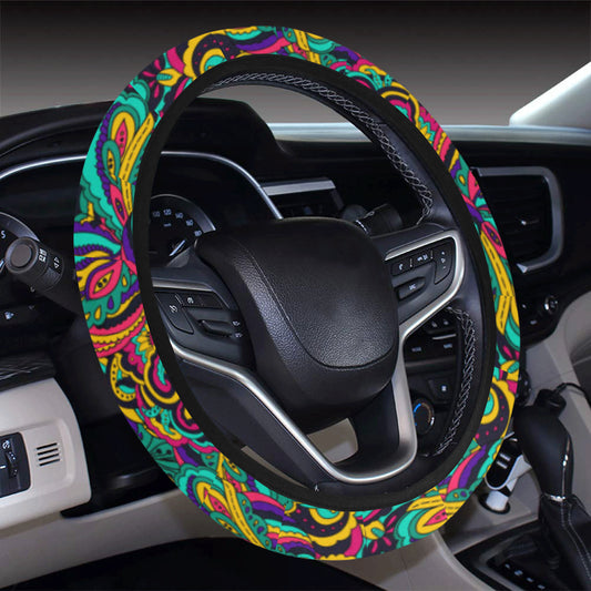 Psychedelic Trippy Floral Design Steering Wheel Cover with Elastic Edge