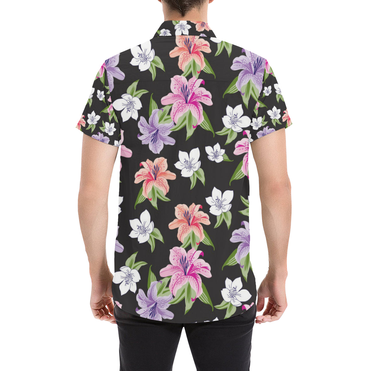Lily Pattern Print Design LY02 Men's Short Sleeve Button Up Shirt