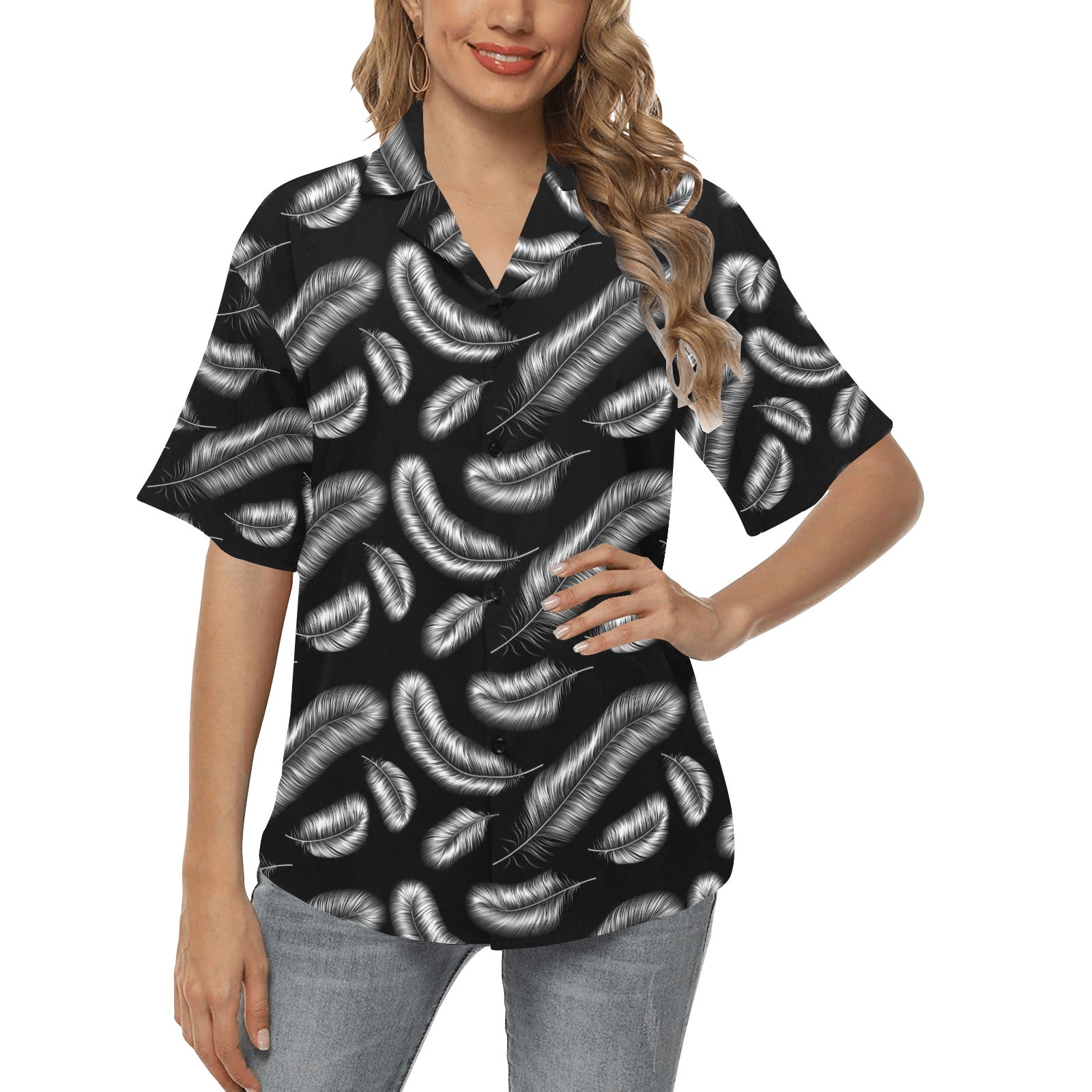 Feather Black White Design Print Women's Hawaiian Shirt