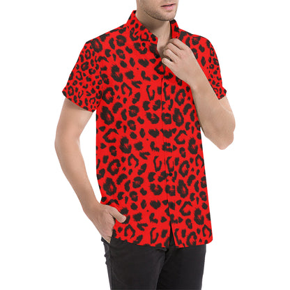 Leopard Red Skin Print Men's Short Sleeve Button Up Shirt