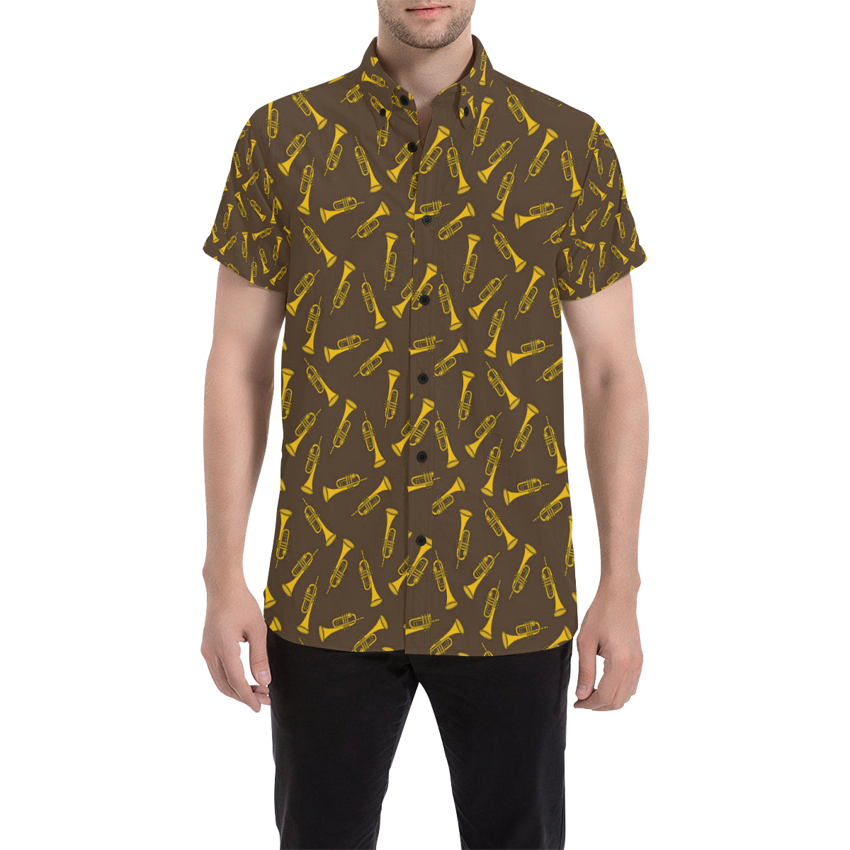 Trumpet Pattern Design Print Men's Short Sleeve Button Up Shirt