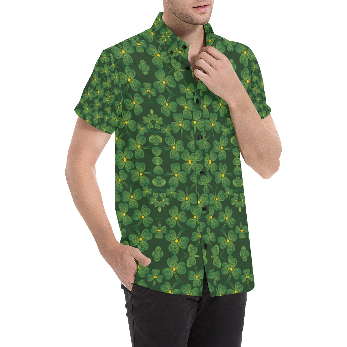 Shamrock Pattern Men's Short Sleeve Button Up Shirt