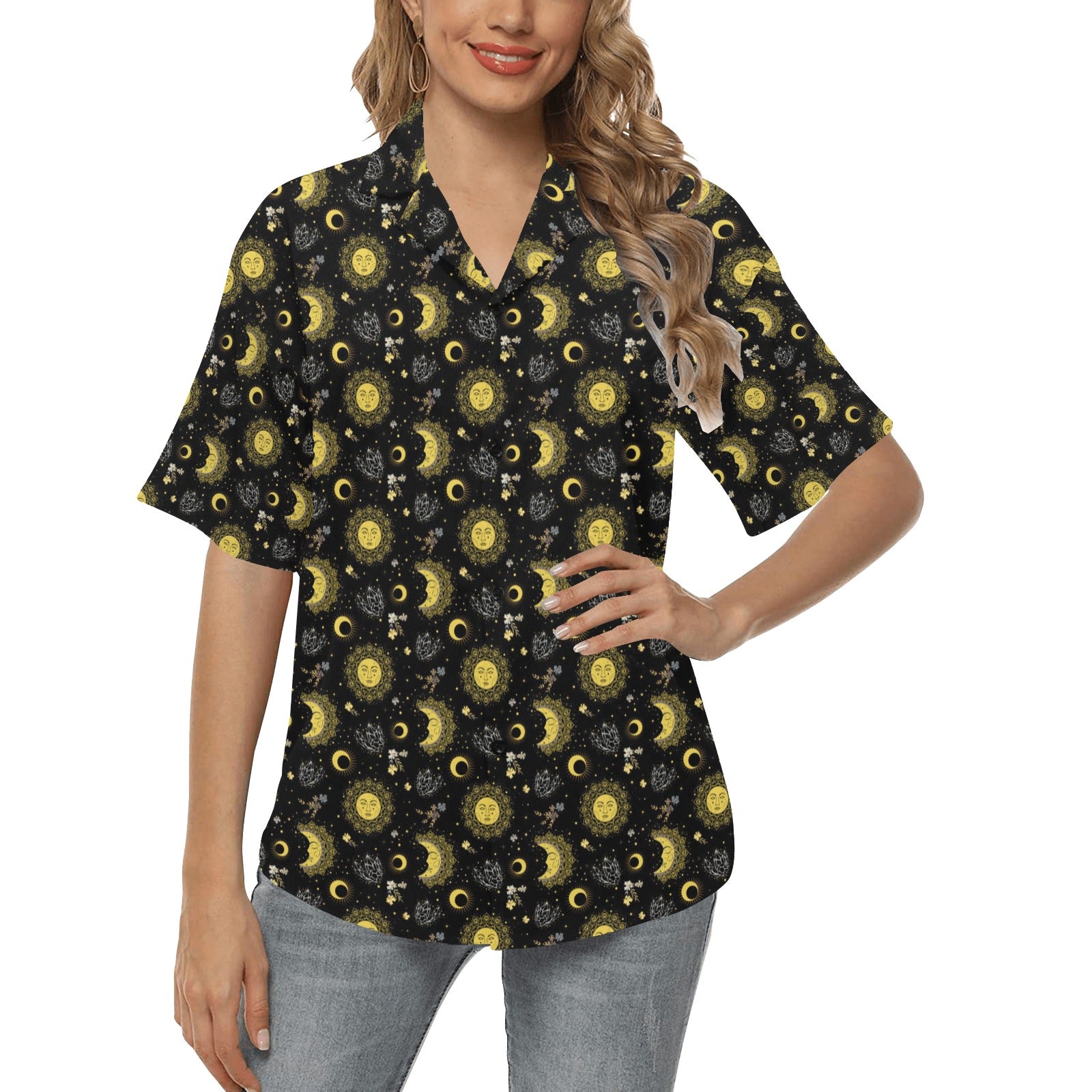 Sun Moon Golden Design Themed Print Women's Hawaiian Shirt