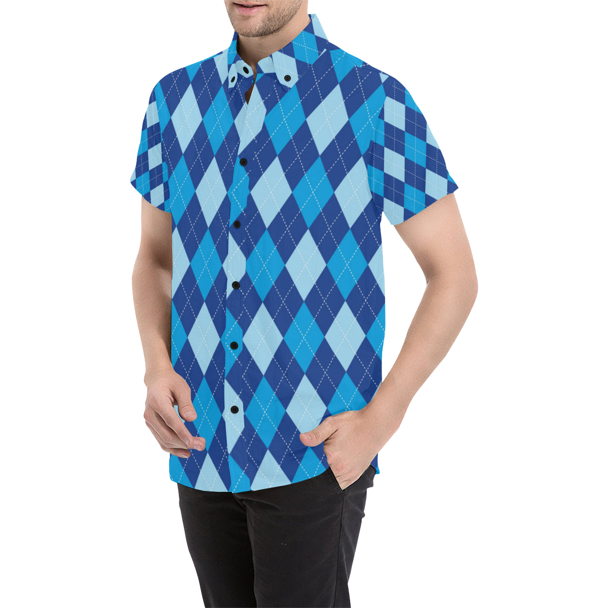 Argyle Blue Pattern Print Design 02 Men's Short Sleeve Button Up Shirt