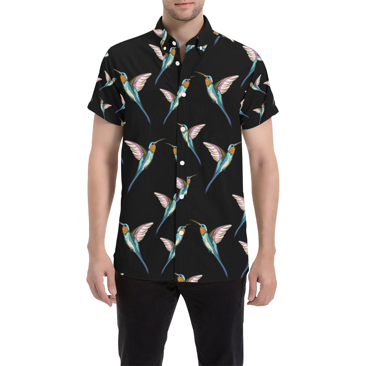 Hummingbird Pattern Print Design 06 Men's Short Sleeve Button Up Shirt