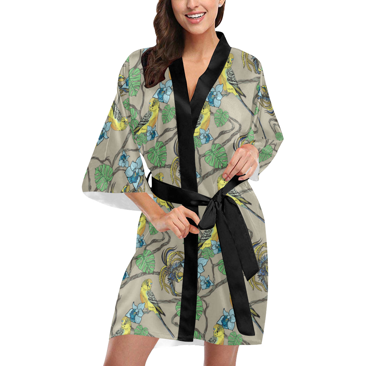 Parakeet Pattern Print Design A02 Women's Short Kimono