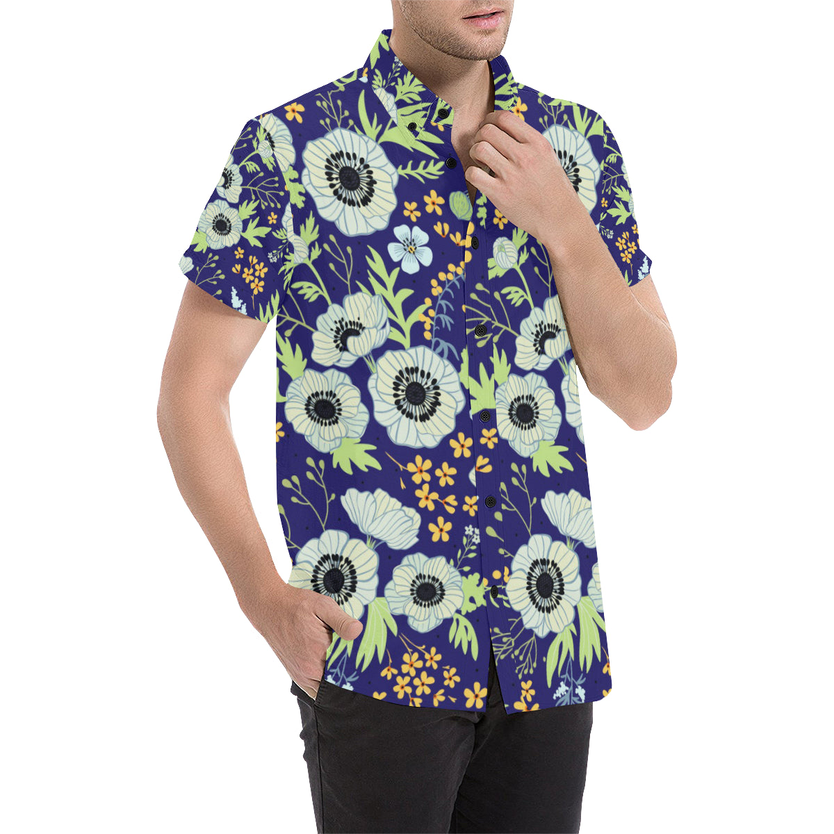 Anemone Pattern Print Design AM06 Men's Short Sleeve Button Up Shirt