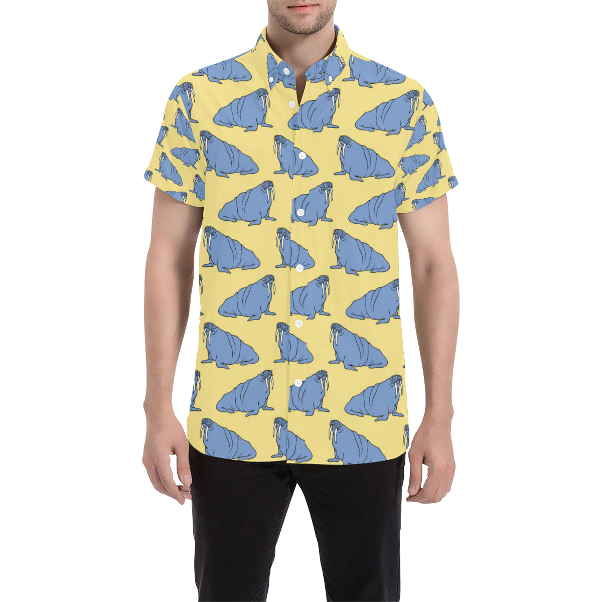 Walrus Pattern Print Design 02 Men's Short Sleeve Button Up Shirt