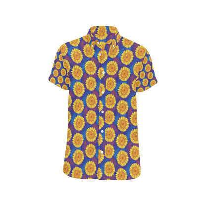 Sunflower Hand Drawn Style Print Men's Short Sleeve Button Up Shirt