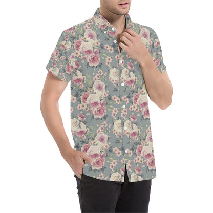 Peony Pattern Print Design PE05 Men's Short Sleeve Button Up Shirt