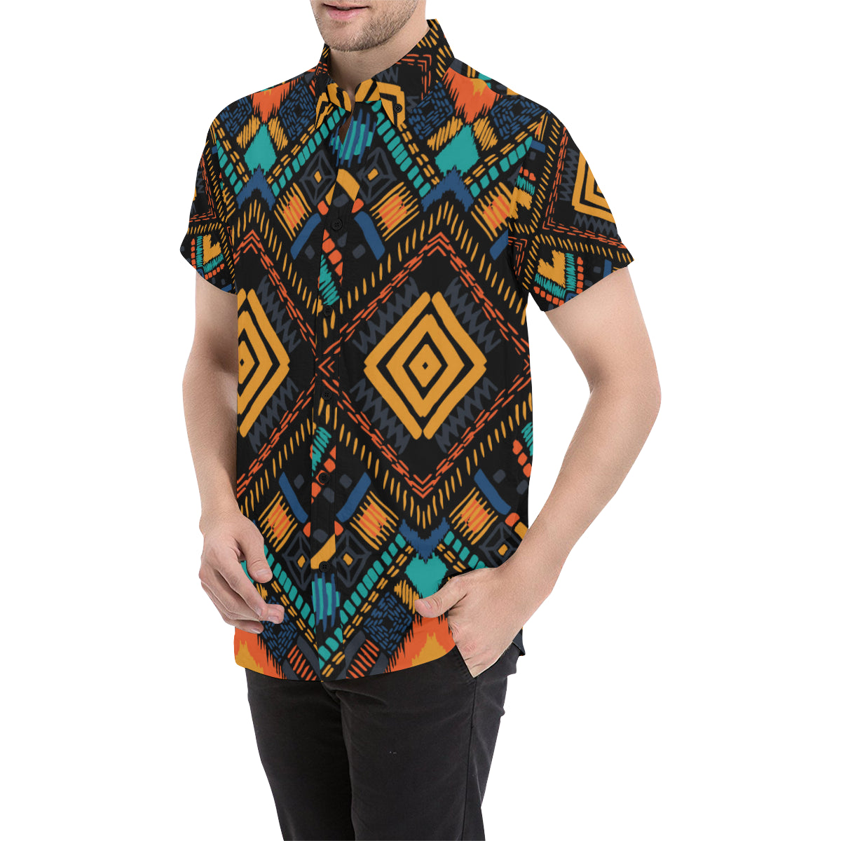 Kente Pattern Print Design 05 Men's Short Sleeve Button Up Shirt