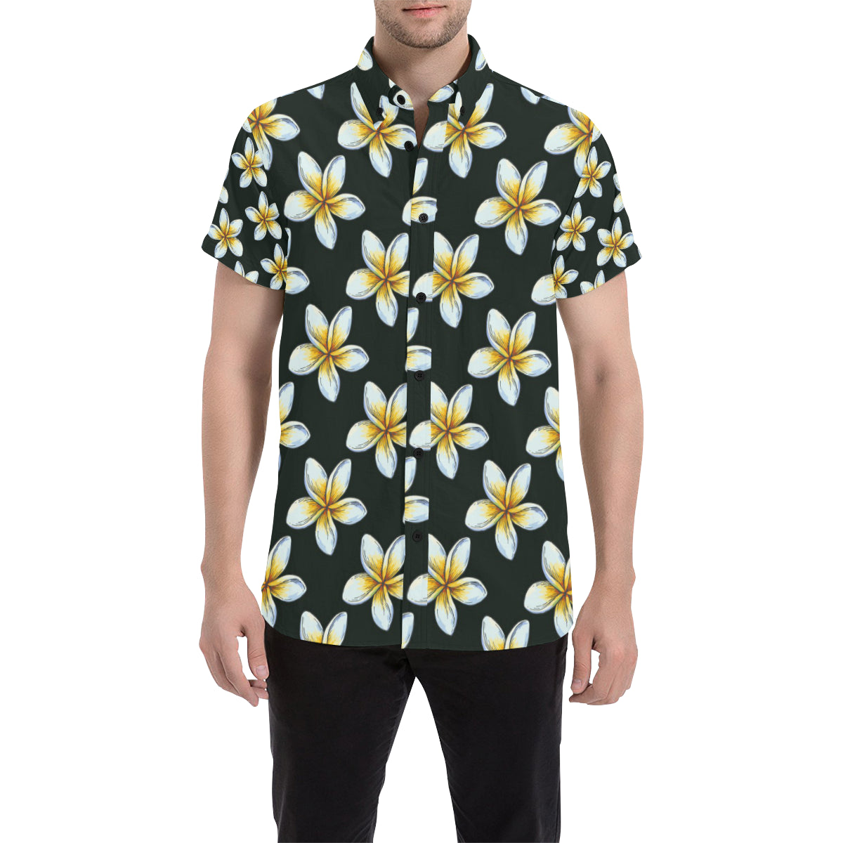 White Plumeria Pattern Print Design PM022 Men's Short Sleeve Button Up Shirt