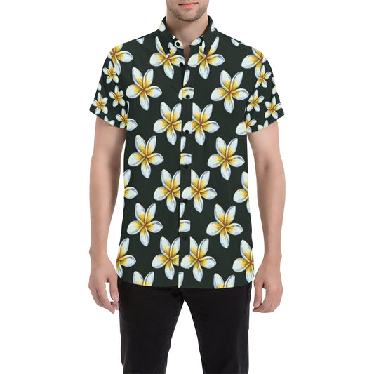 White Plumeria Pattern Print Design PM022 Men's Short Sleeve Button Up Shirt