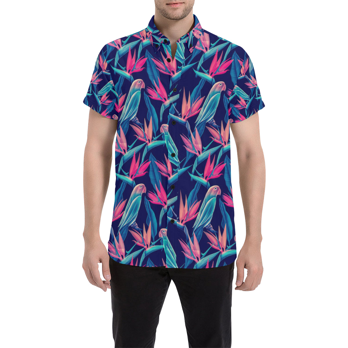 Tropical Flower Pattern Print Design TF024 Men's Short Sleeve Button Up Shirt