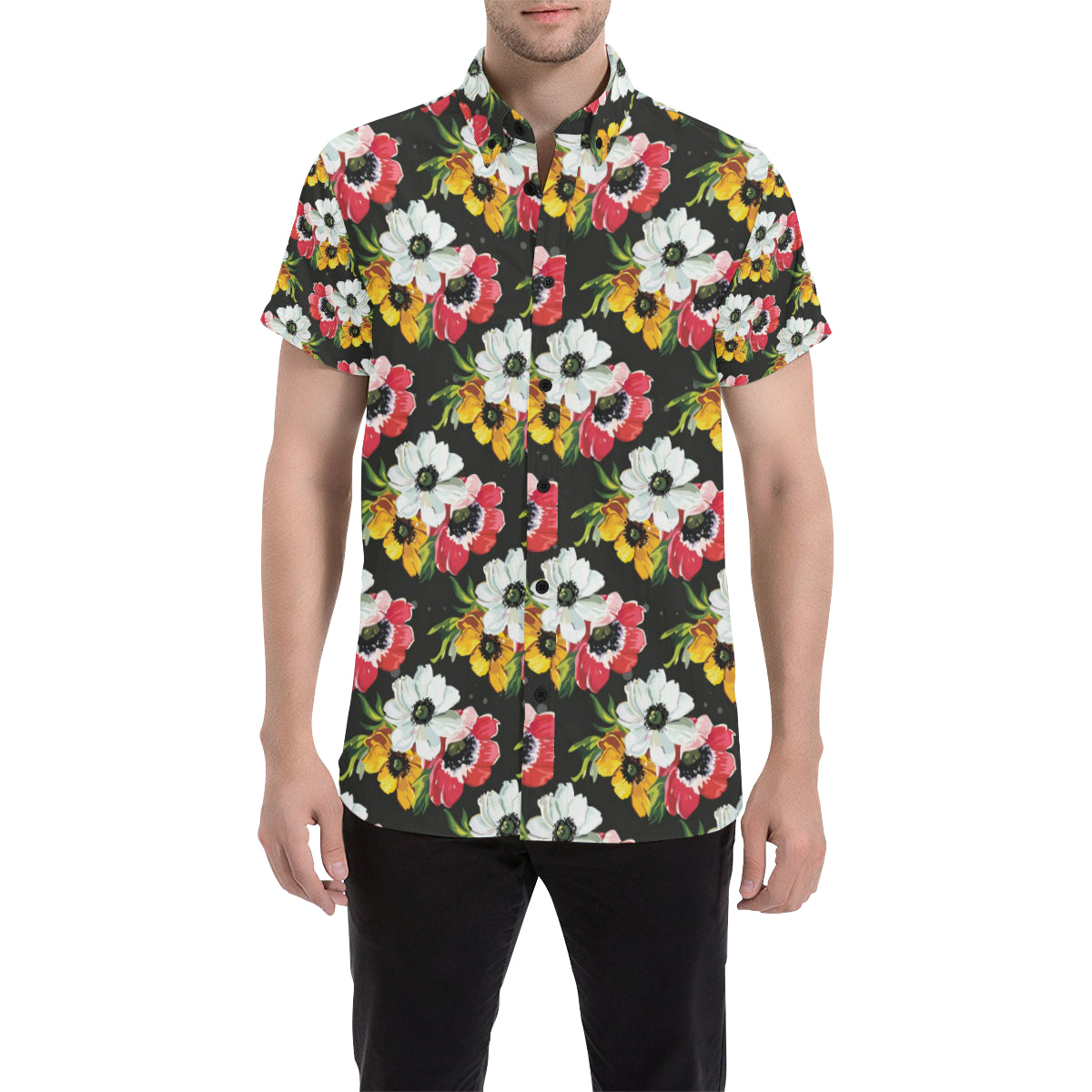 Anemone Pattern Print Design AM07 Men's Short Sleeve Button Up Shirt