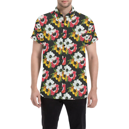 Anemone Pattern Print Design AM07 Men's Short Sleeve Button Up Shirt