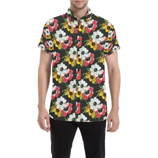 Anemone Pattern Print Design AM07 Men's Short Sleeve Button Up Shirt