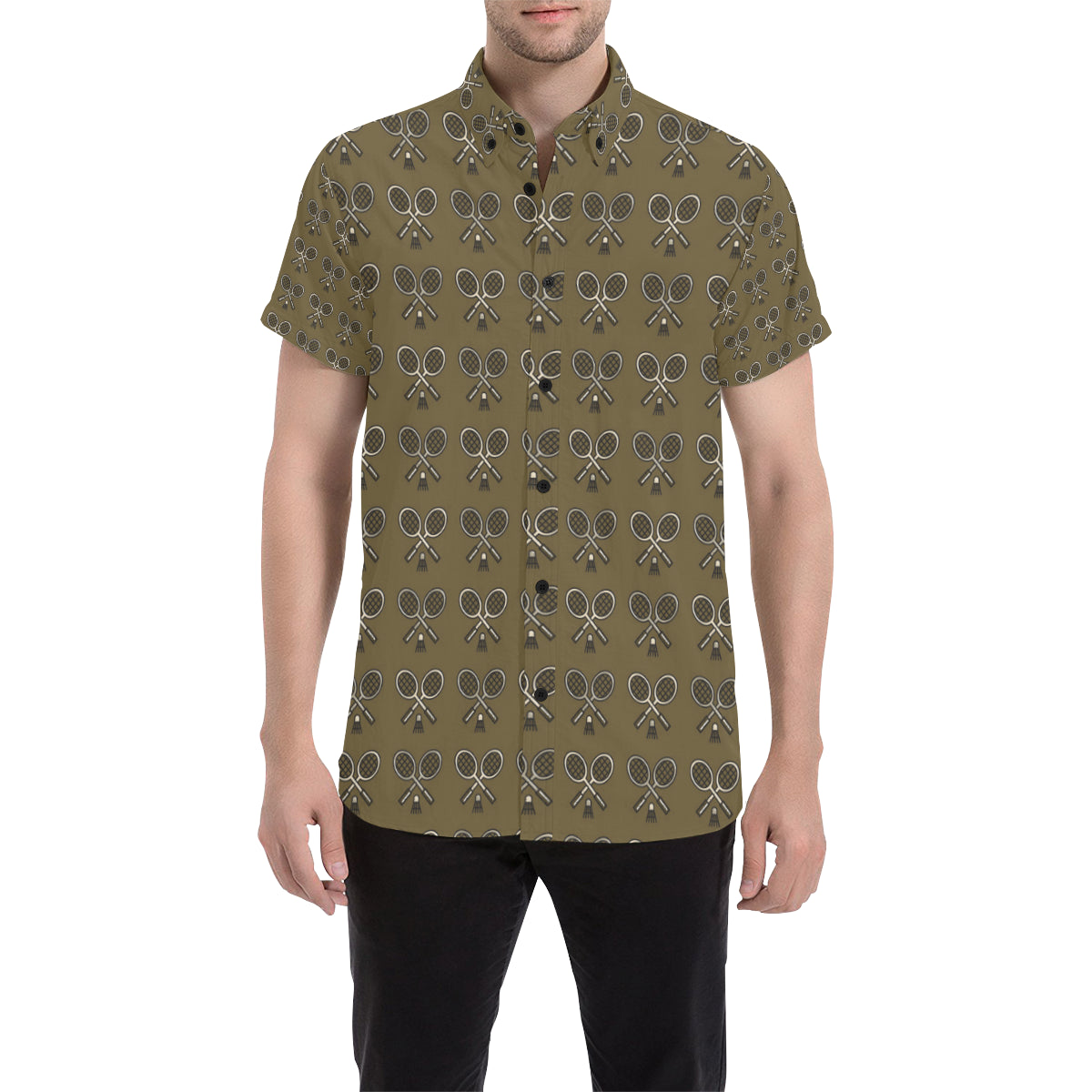 Badminton Pattern Print Design 07 Men's Short Sleeve Button Up Shirt