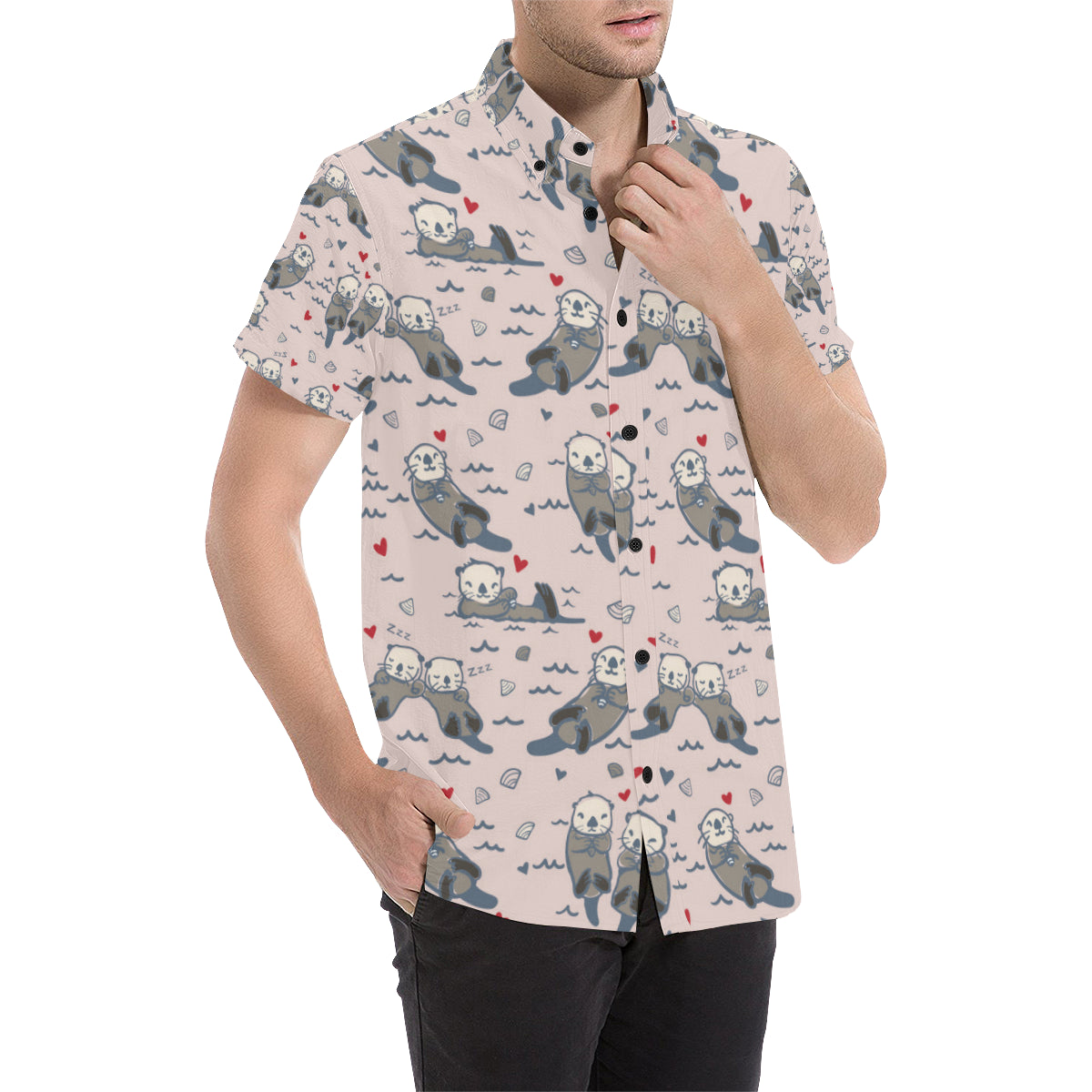 Sea Otter Pattern Print Design 02 Men's Short Sleeve Button Up Shirt