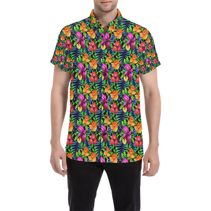 Tropical Folower Colorful Print Men's Short Sleeve Button Up Shirt