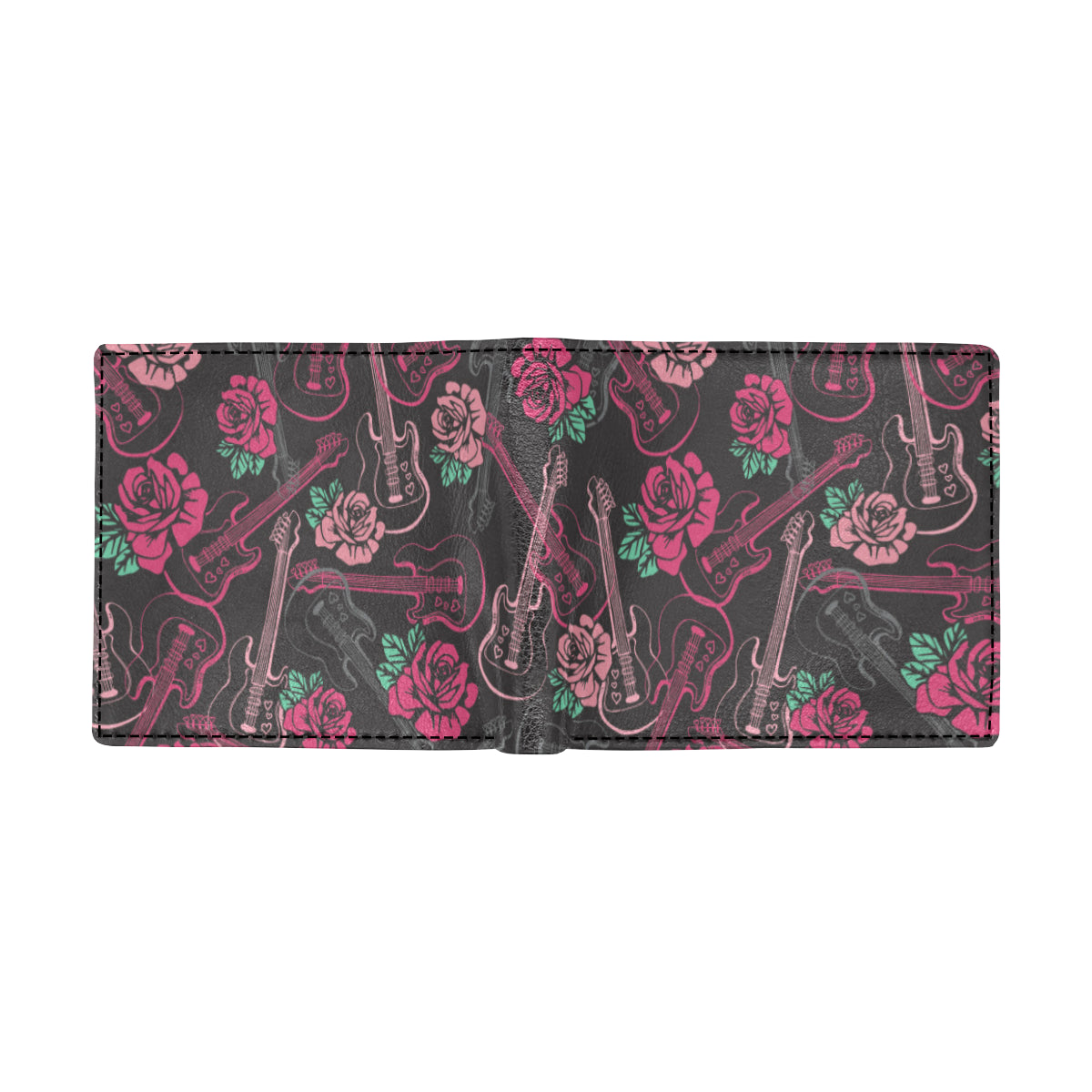 Bass Guitar Pink Rose Pattern Print Design 01 Men's ID Card Wallet