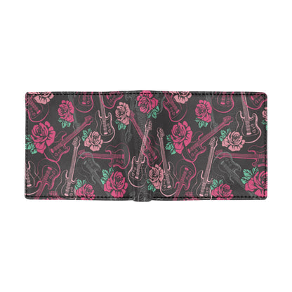 Bass Guitar Pink Rose Pattern Print Design 01 Men's ID Card Wallet