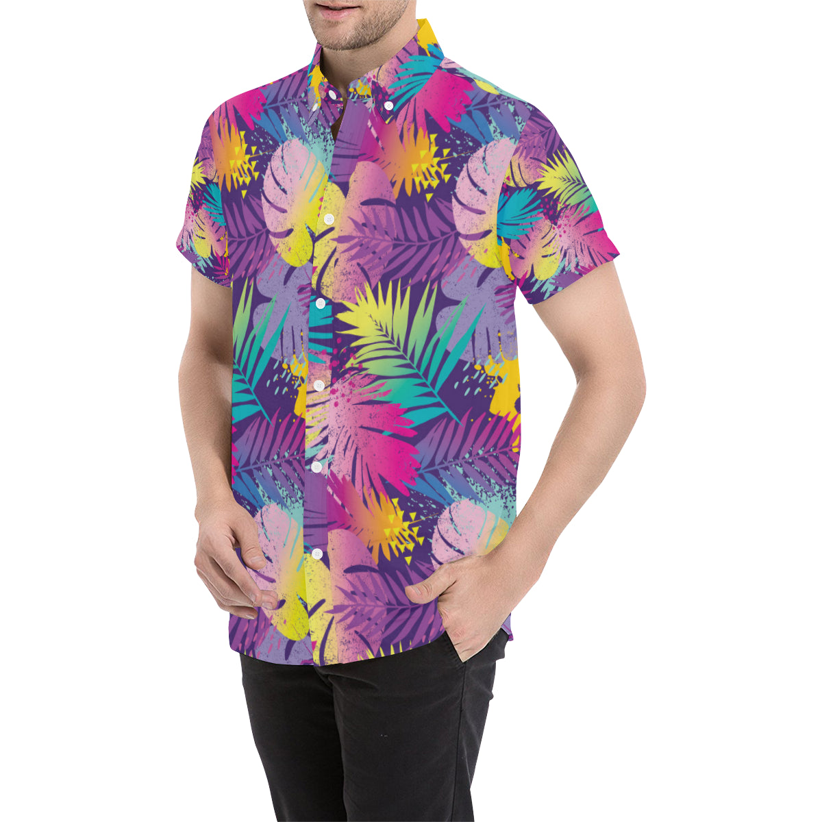 Palm Leaf Pattern Print Design A04 Men's Short Sleeve Button Up Shirt